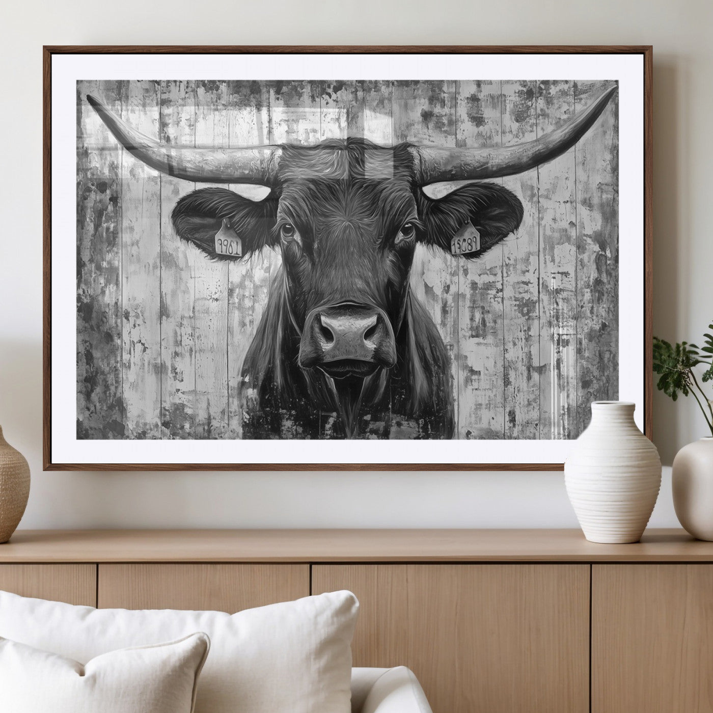 MGC-FP-36x24 - Abstract Longhorn Bull Wall Art Canvas Print - Rustic Texas Western Cow Artwork