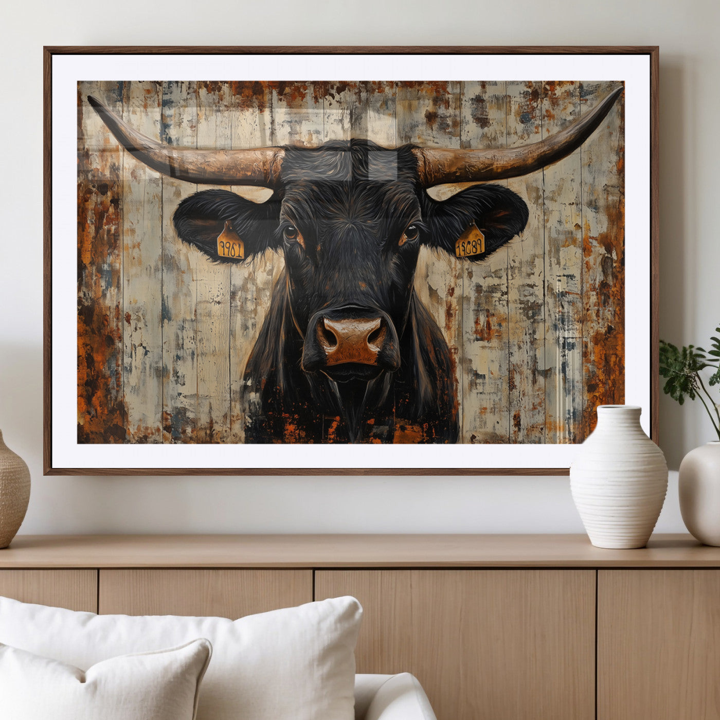 MGC-FP-36x24 - Rustic Texas Artwork Wall Art Canvas Print - Abstract Cow Longhorn Bull Wall Art Canvas Print