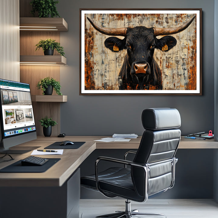 Rustic Texas Artwork Wall Art Canvas Print - Abstract Cow Longhorn Bull Wall Art Canvas Print