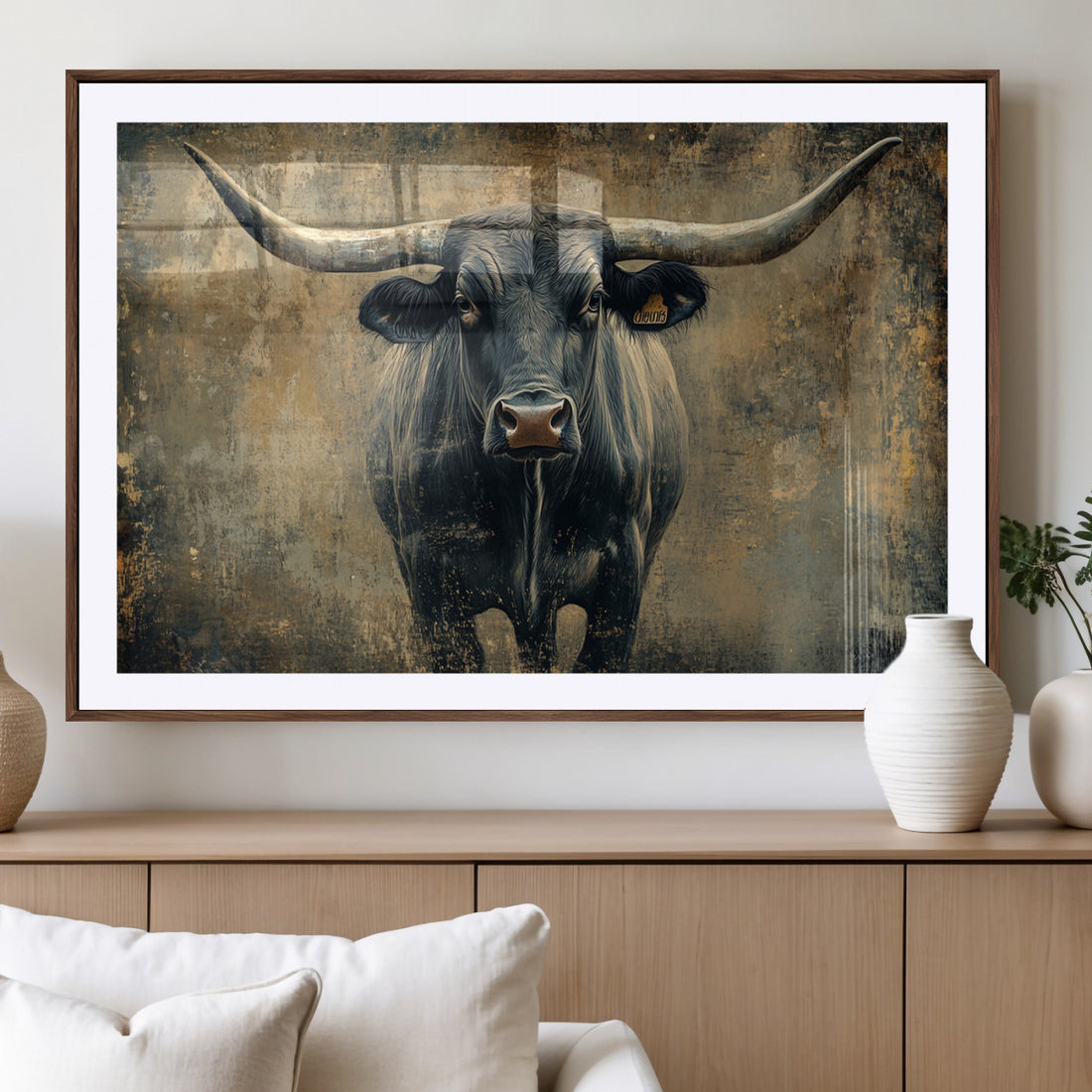 Texas Longhorn Bull Wall Art, Framed Rustic Cow Canvas Print, Western Farmhouse Decor