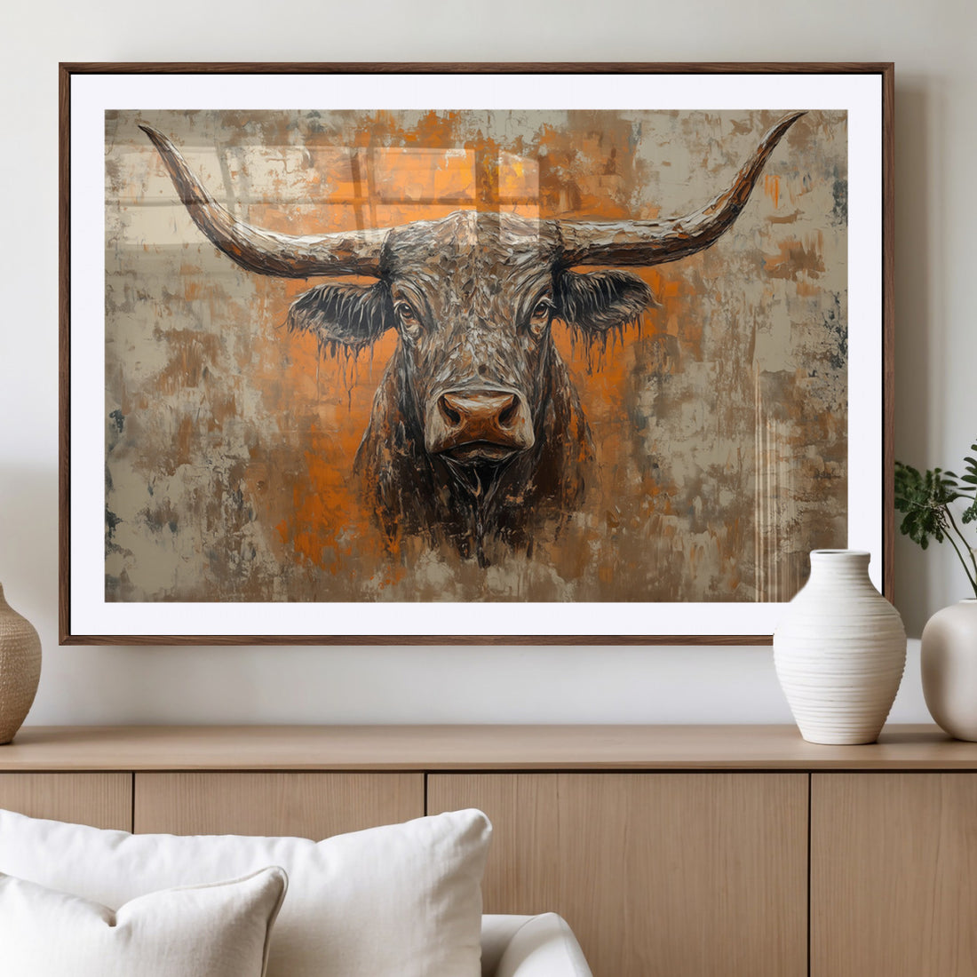 Abstract Cow Longhorn Bull Wall Art Canvas Print, Rustic Texas Western Cattle Artwork