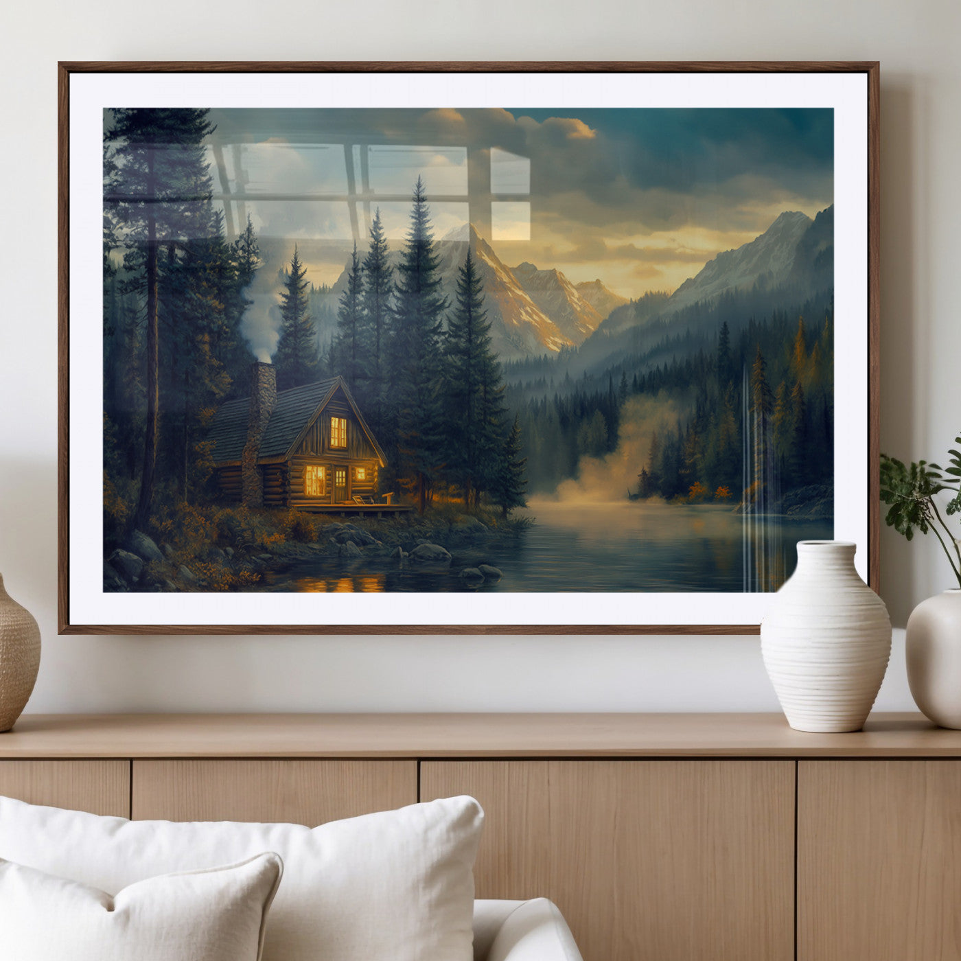 MGC-FP-36x24 - Mountain Cabin by the Lake at Sunset Wall Art - Serene Nature Canvas Print for Living Room Decor,