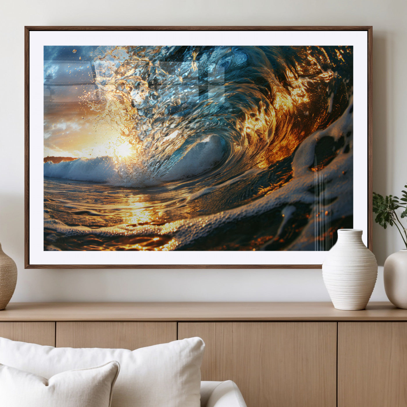 MGC-FP-36x24 - Ocean Wave at Sunset Canvas Wall Art – Vibrant Coastal Beach Waves Print, Large Nautical Decor,