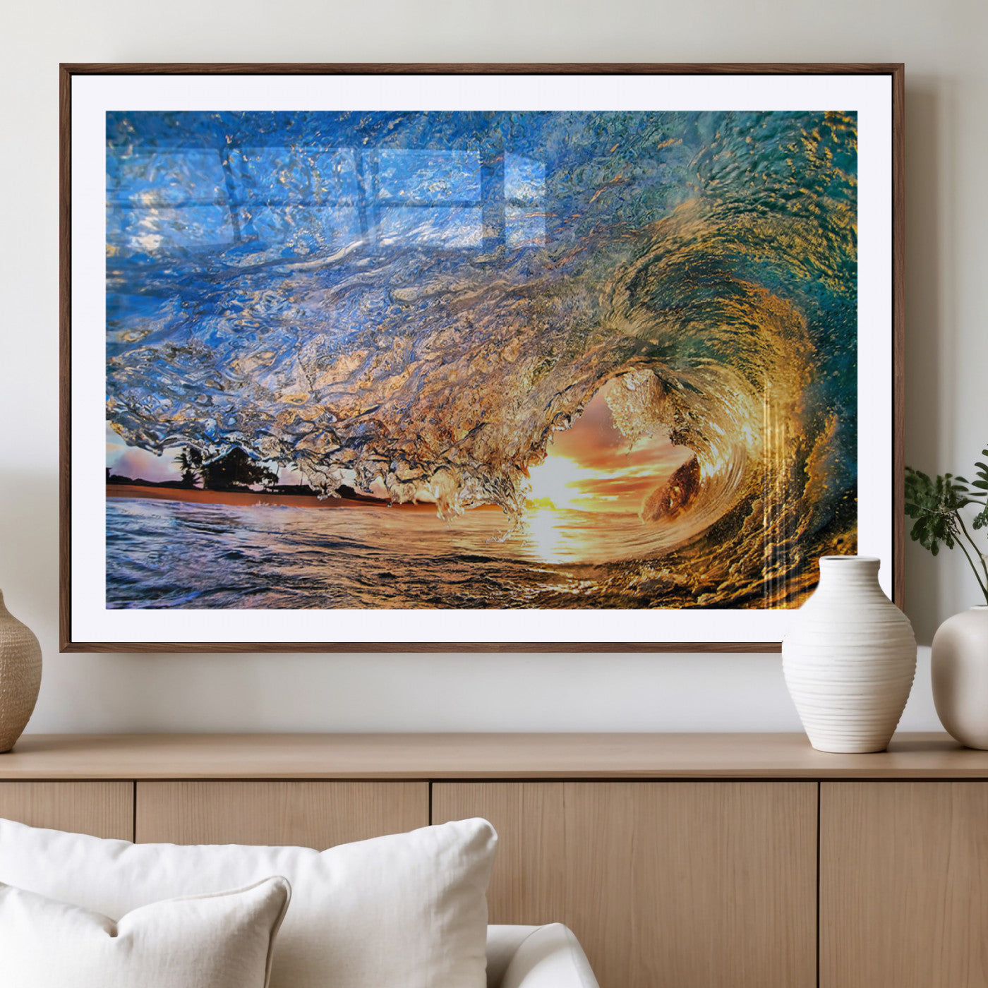 MGC-FP-36x24 - Ocean Wave at Sunset Canvas Wall Art – Vibrant Coastal Beach Waves Print, Large Nautical Decor,
