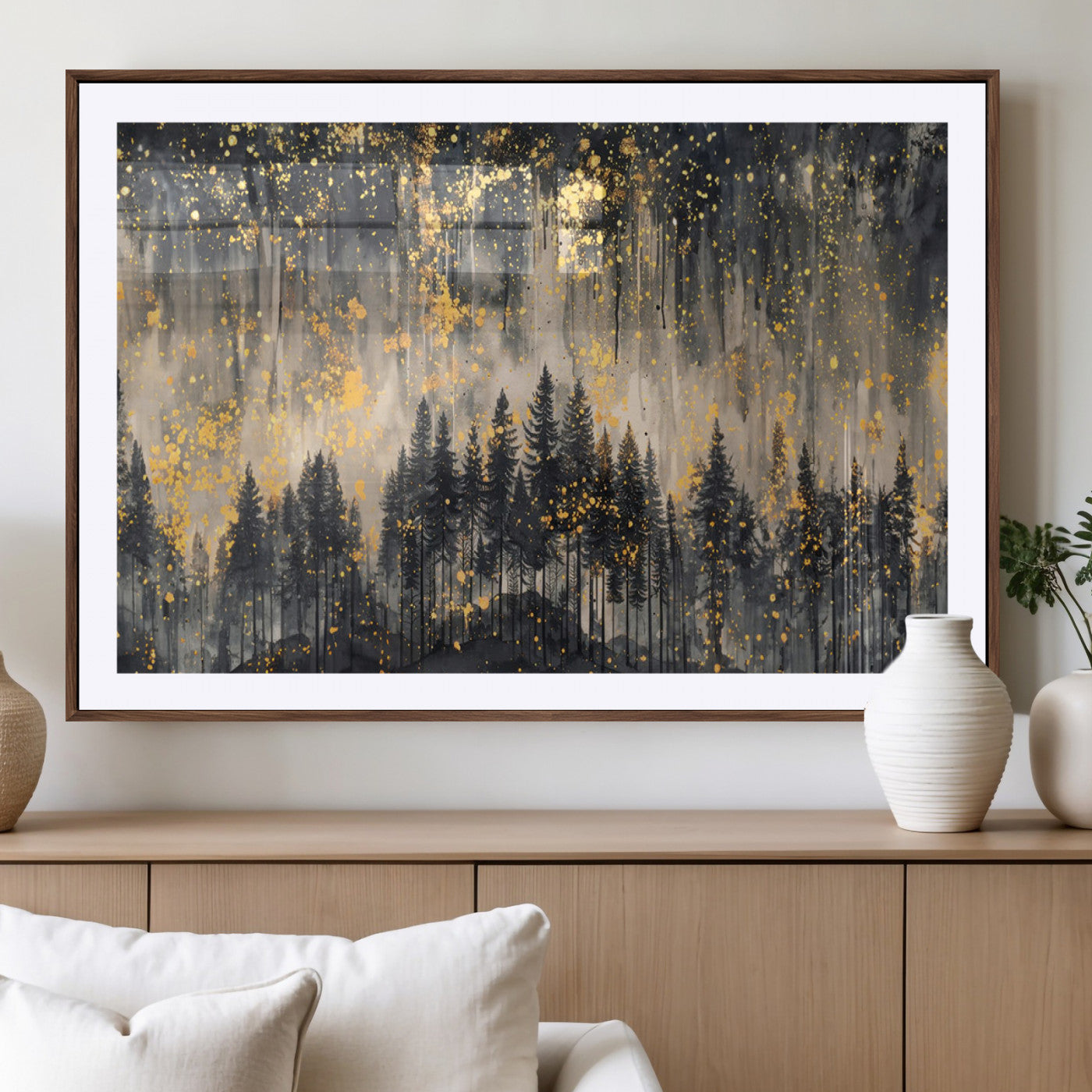 MGC-FP-36x24 - Golden Forest Abstract Wall Art | Dark Forest with Gold Splatter Accents | Triptych Ready to Hang