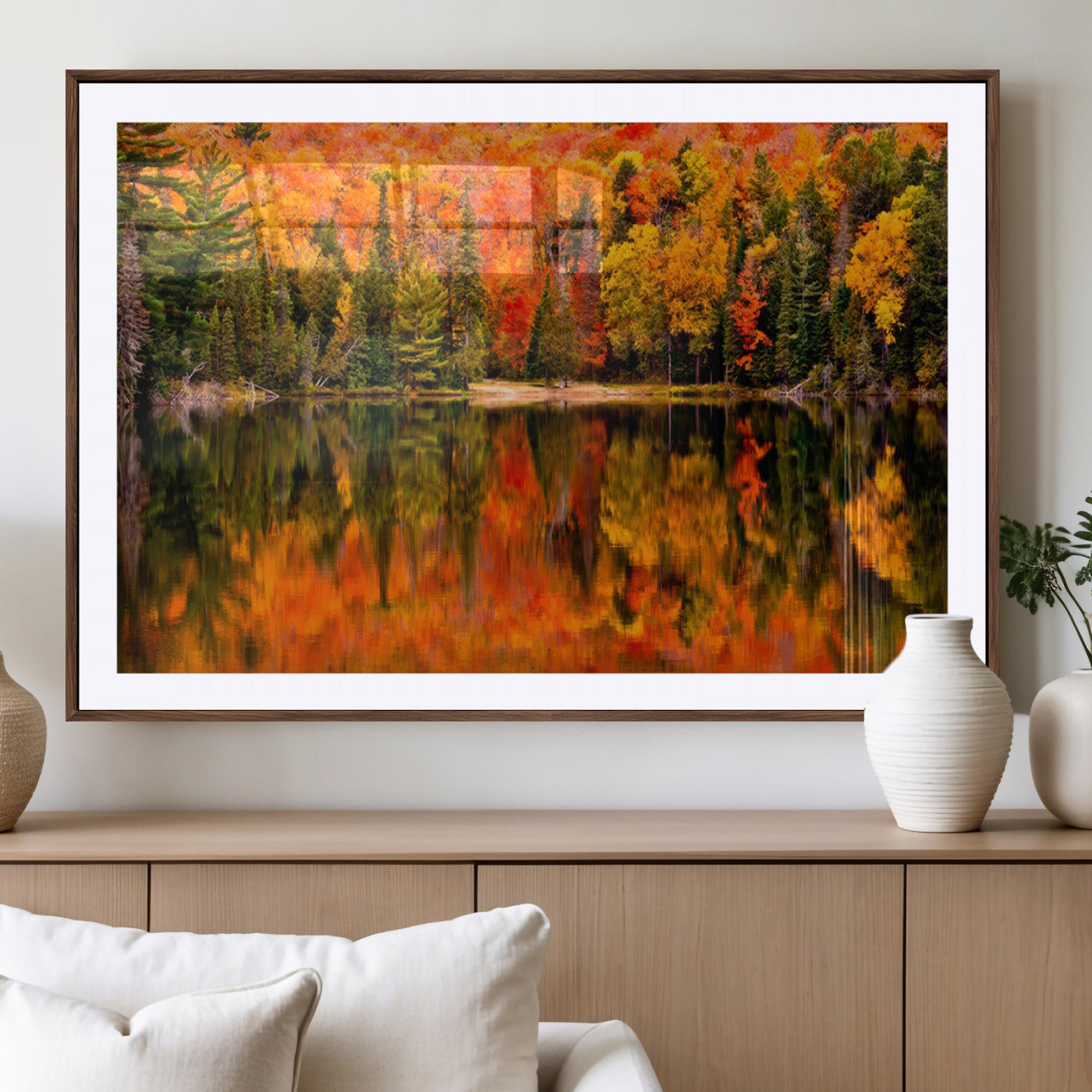 MGC-FP-36x24 - Forest Reflection Art | Autumn Forest Reflection Wall Art | Triptych Canvas Print | Vibrant Fall