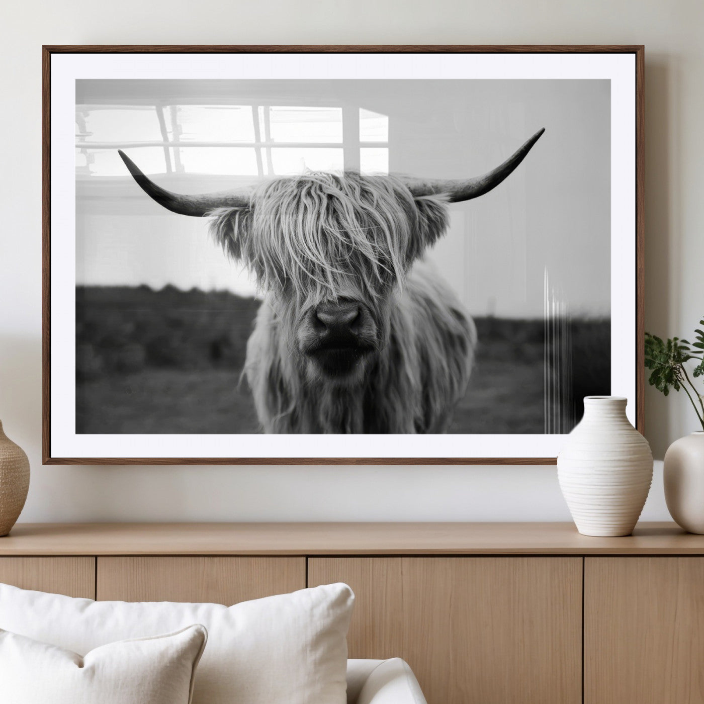 MGC-FP-36x24 - Highland Cow Wall Art | Black and White Farmhouse Decor | Triptych Canvas Print | Rustic Barn Decor