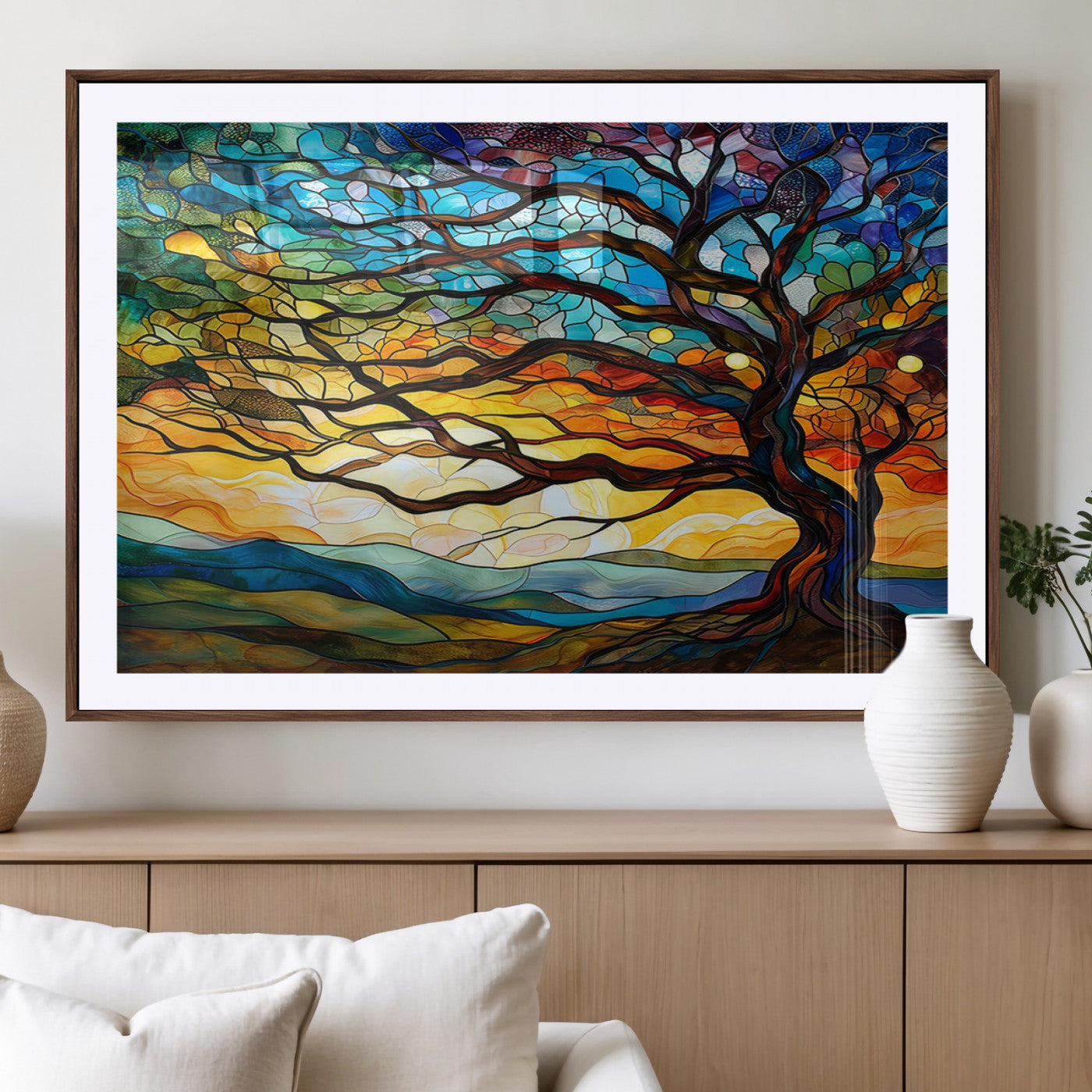 MGC-FP-36x24 - Vibrant Mosaic Tree of Life Wall Art | Stained Glass Style Canvas Print | Ready to Hang Artistic