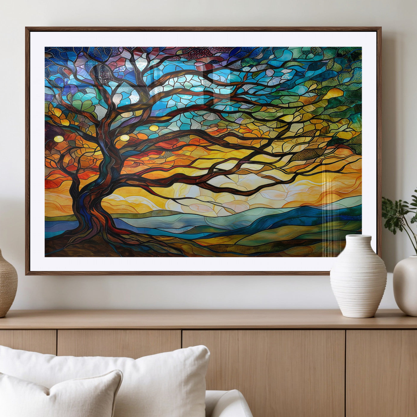 MGC-FP-36x24 - Mosaic Tree Wall Art | Ready to Hang Stained Glass Style Canvas Print | Farmhouse Wall Decor, Cabin
