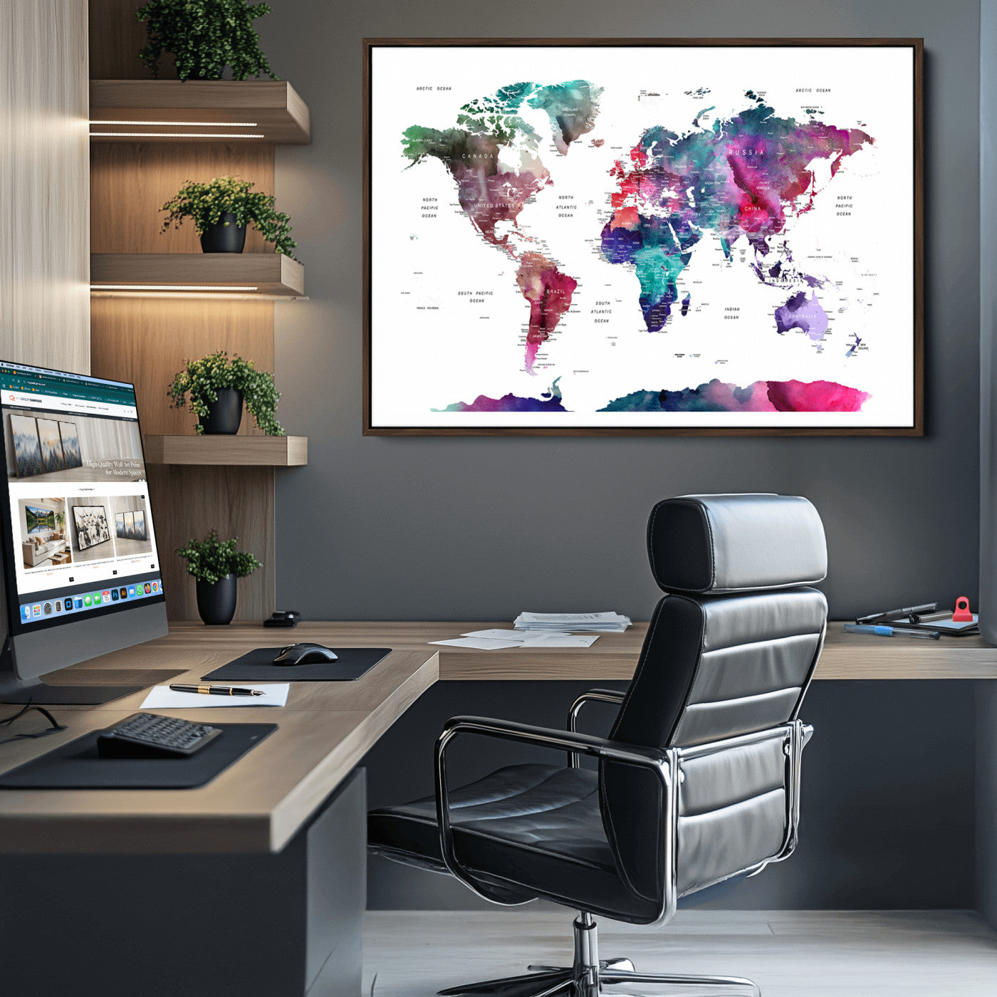 78176-MGV-CV-36X24-Push Pin World Map Canvas Print – Framed Wall Art for Couples to Track Their Travels – Anniversary Gift or Home Adventure Decor