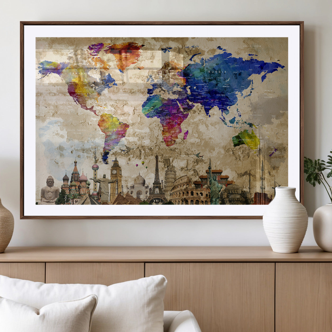MGC-FP-36x24 - Push Pin World Map Canvas Print – Framed Wall Art for Couples to Track Their Travels – Anniversary
