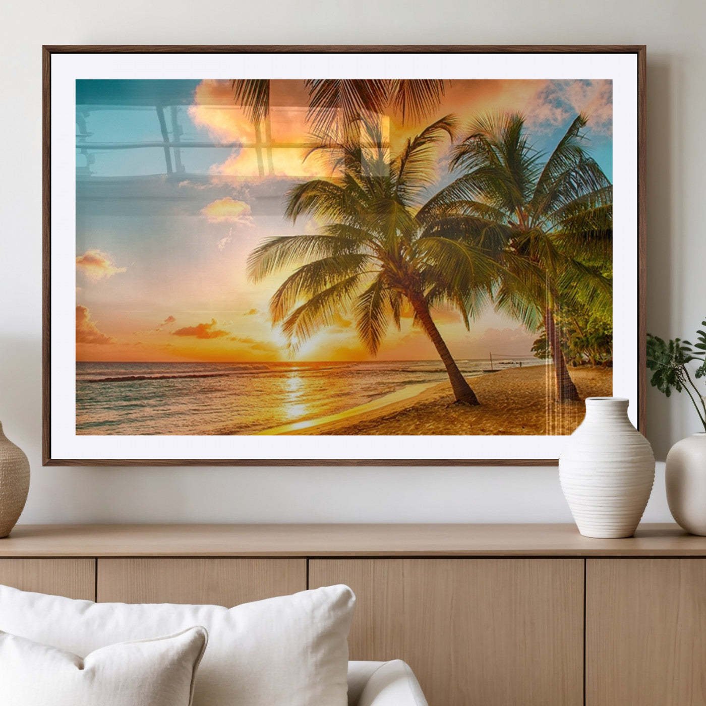 MGC-FP-36x24 - Tropical Sunset Beach Canvas Wall Art Print – Vibrant Palm Trees and Coastal Sunset Wall Decor for