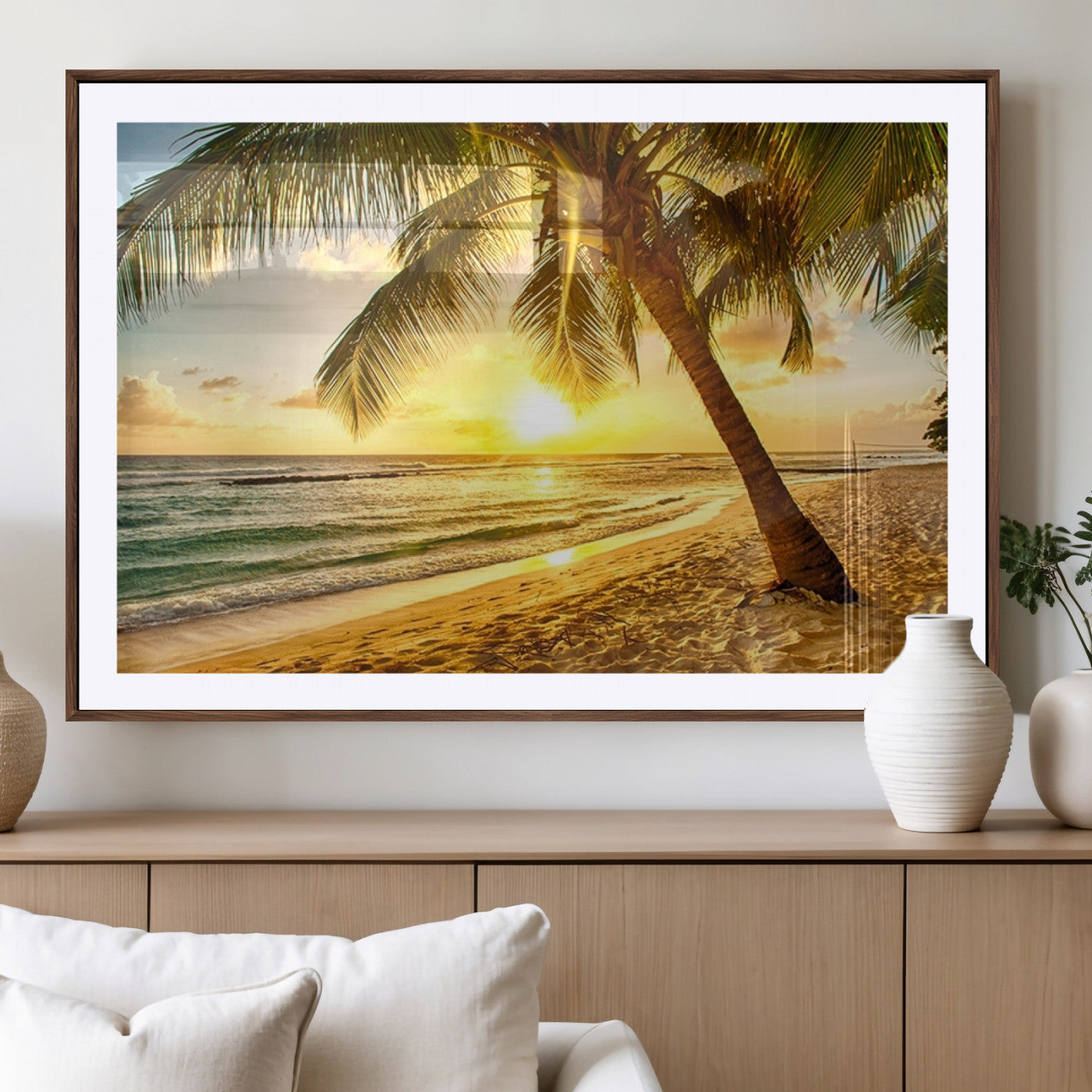 MGC-FP-36x24 - Beach Sunset Canvas Wall Art Print - Tropical Beach Canvas Wall Art Print – Vibrant Palm Trees and