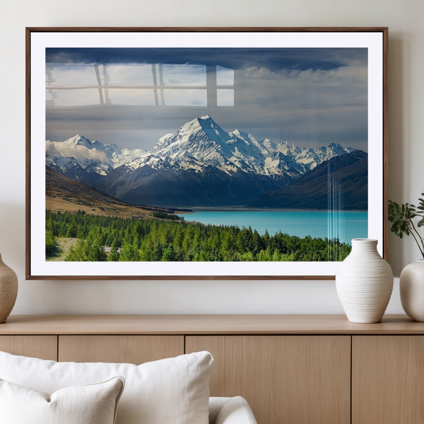 MGC-FP-36x24 - Mount Cook and Lake Pukaki Canvas Wall Art Print – Majestic Snow-Capped Peaks and Serene Lake Wall