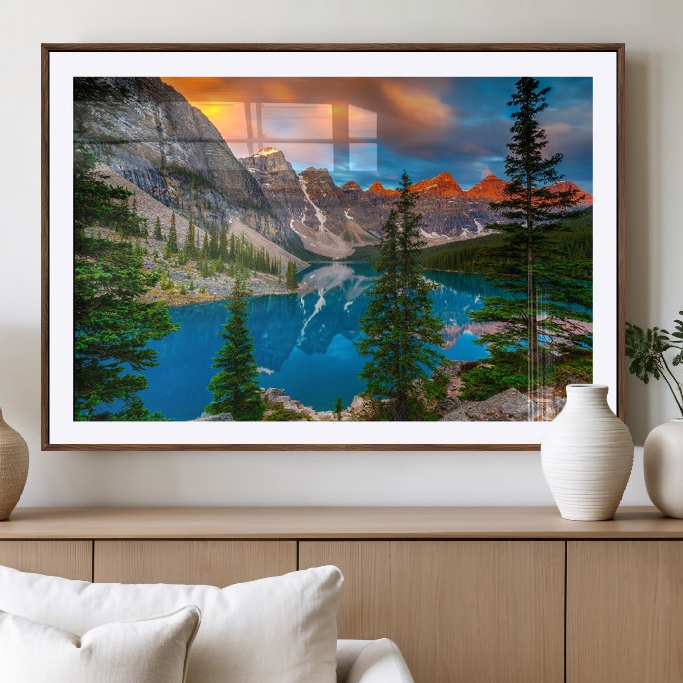 MGC-FP-36x24 - Canadian Rockies Moraine Lake Wall Art Canvas Print, Pine Trees Mountain Spring Canvas Print