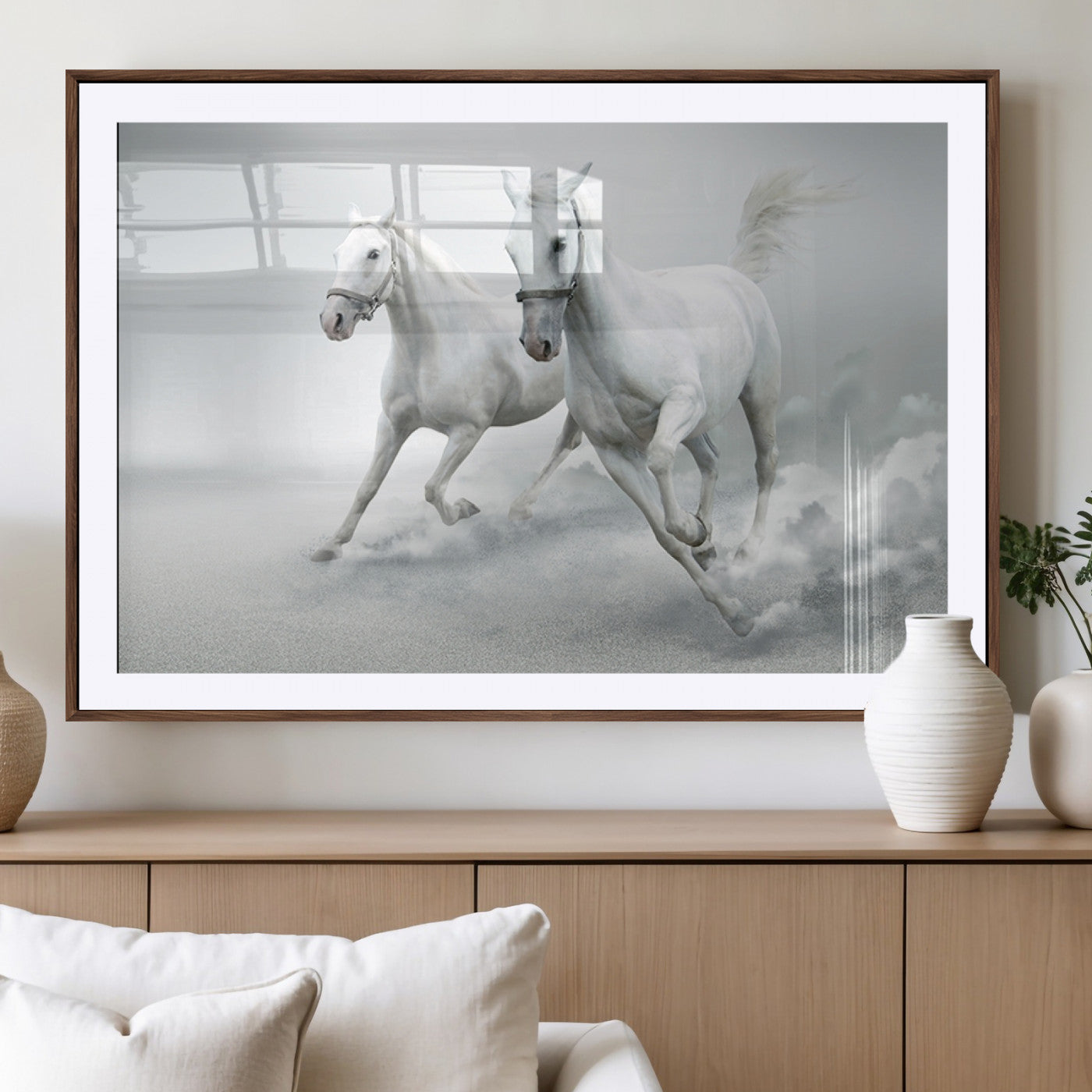 MGC-FP-36x24 - Large Wall Art Animal Canvas Print - Beautiful Running White Horses