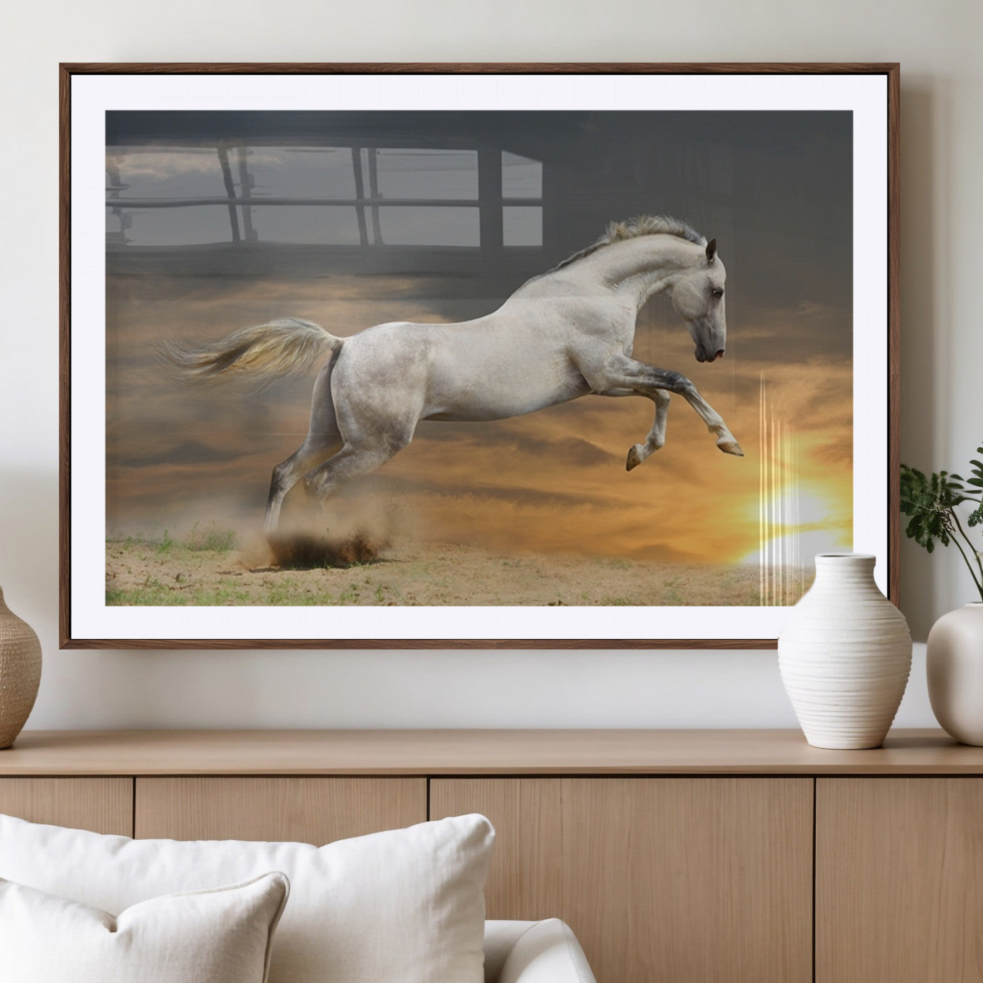 MGC-FP-36x24 - Large Wall Art Animal Canvas Print - White Jumping Horse at Sunset