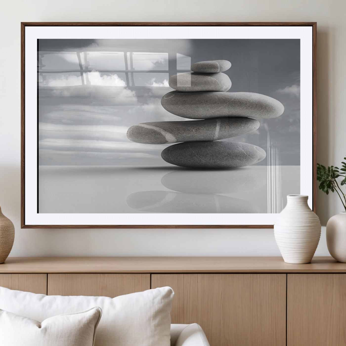MGC-FP-36x24 - Still Life Black and White Zen Stones Wall Art Canvas, Framed Black and White Zen Stones Canvas