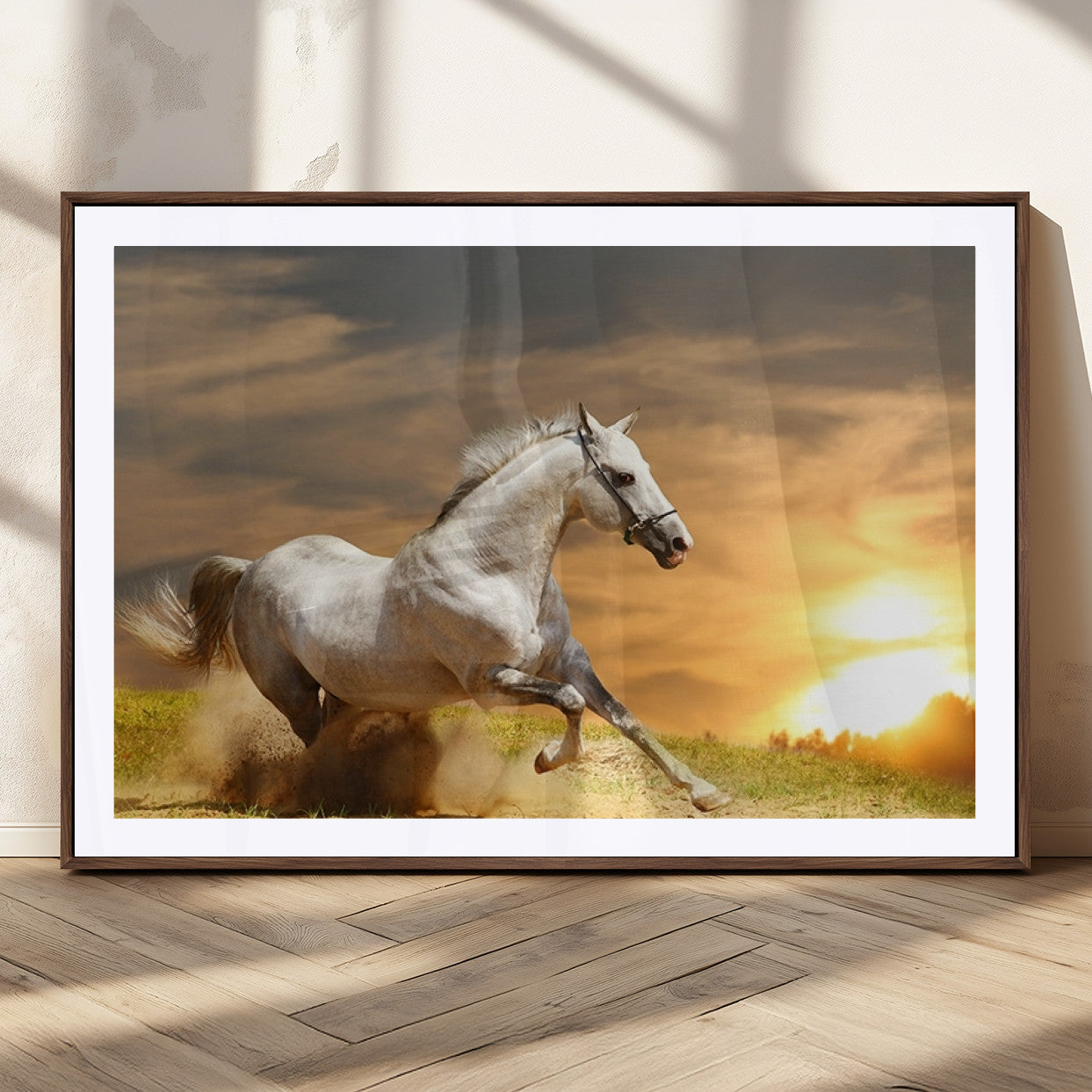 MGC-FP-36x24 - Large Wall Art Galloping White Horse at Sunset Canvas Print