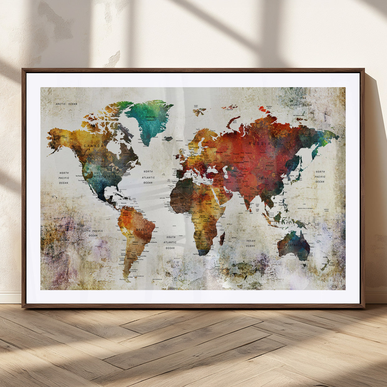 92207-MGC-FP-36x24_Walnut-Push Pin World Map Canvas Print – Framed Wall Art for Couples to Track Their Travels – Anniversary