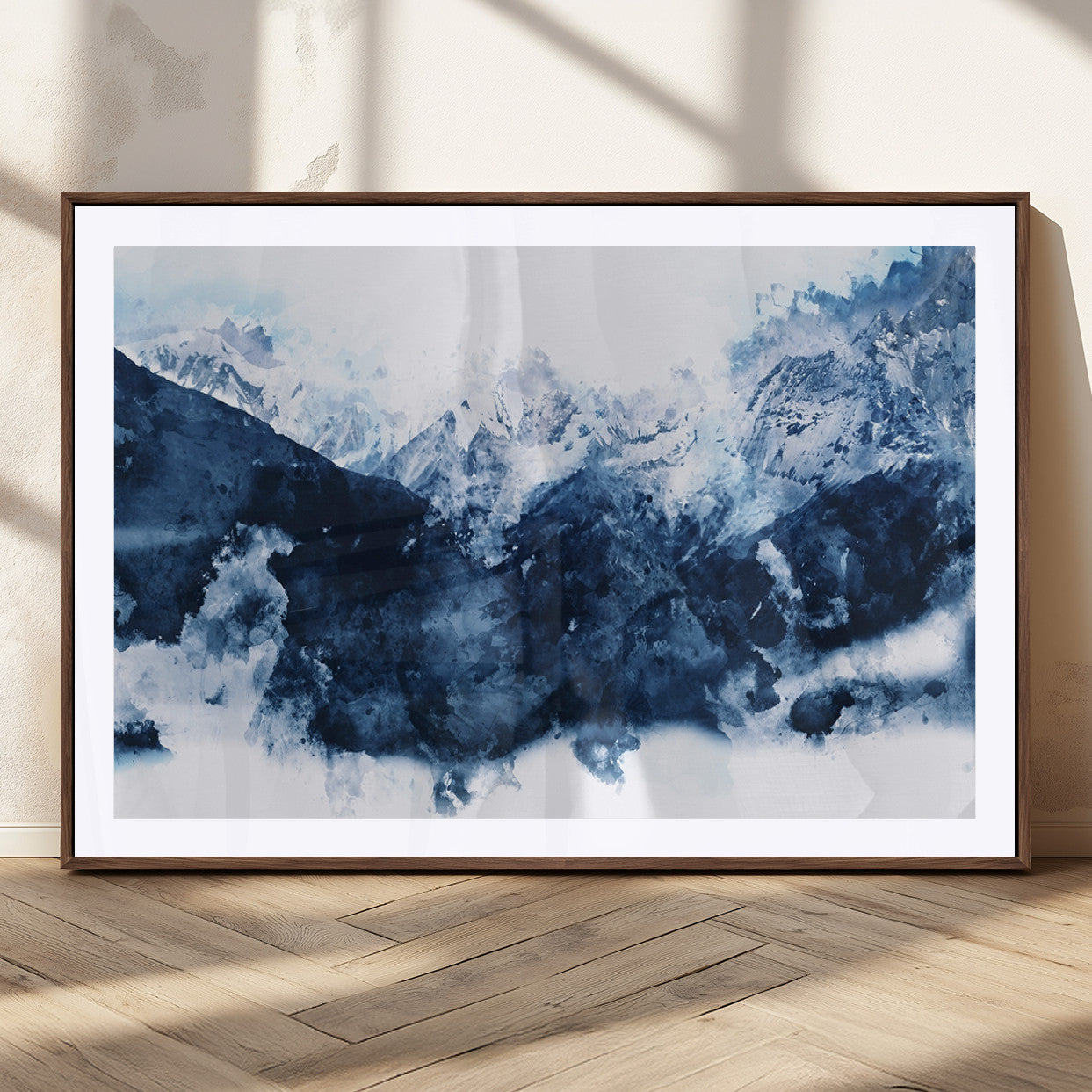 81700-MGC-FP-36x24_Walnut-Abstract Blue Mountain Canvas Wall Art – Modern Triptych Landscape Print – Contemporary Nature Decor for Living Room or Office – Ready to
