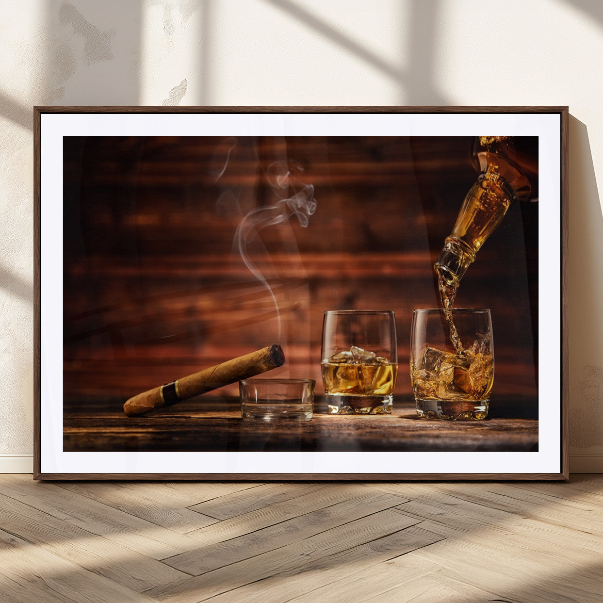 MGC-FP-36x24 - Whiskey and Cigar Wall Art Canvas | 3 Panel Bar Room Decor for Home Lounge, Office, or Man Cave |