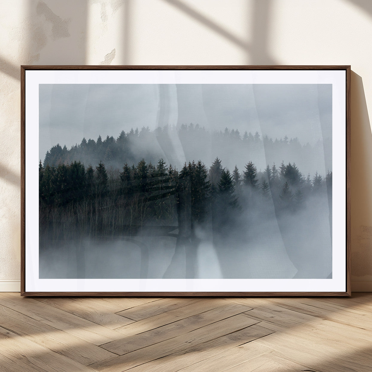 MGC-FP-36x24 - Autumn and Misty Trees in the Forest Wall Art Canvas Print, Foggy Forest Mountain Wall Art Canvas