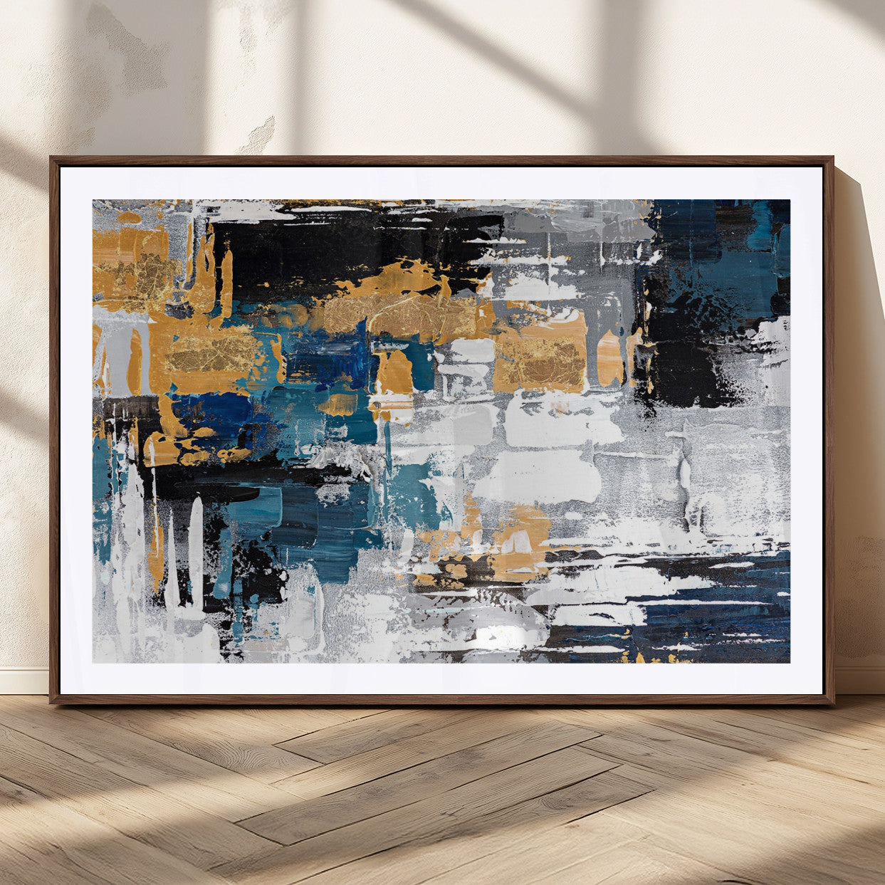 57708-MGC-FP-36x24_Walnut-Blue and Gold Abstract Canvas Wall Art – Triptych Modern Painting for Living Room – Framed and Ready to Hang