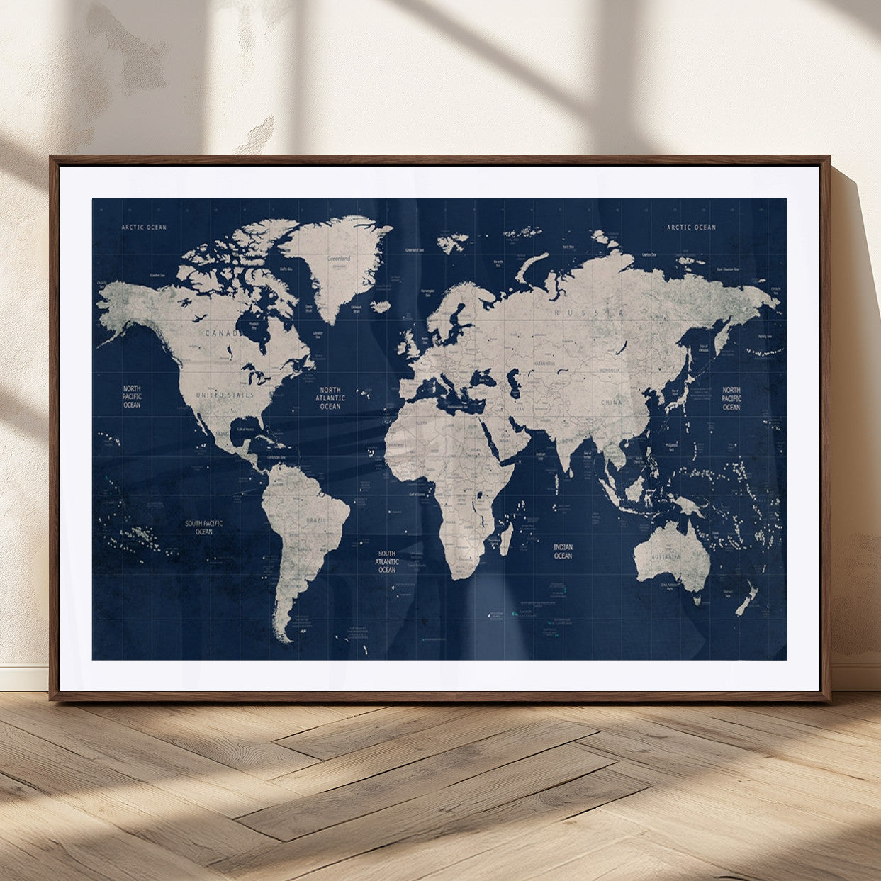 17866-MGC-FP-36x24_Walnut-Push Pin World Map Canvas Print – Framed Wall Art for Couples to Track Their Travels – Anniversary