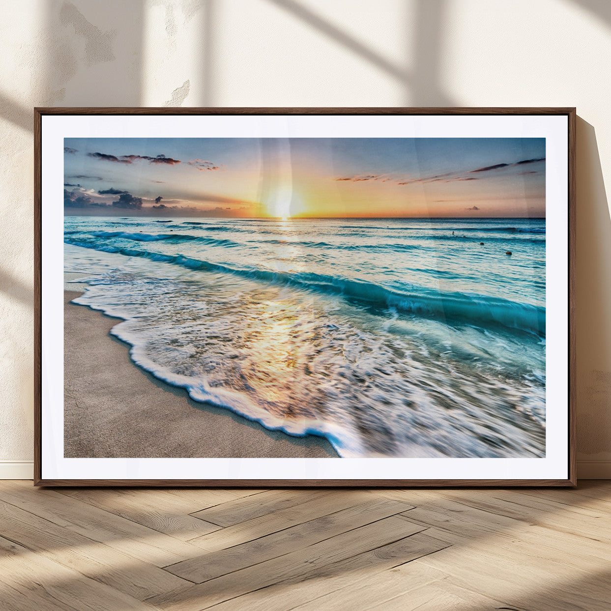 MGC-FP-36x24 - Sunset Beach Waves Canvas Wall Art – 5-Panel Ocean Sunset Print – Coastal Decor for Living Room or