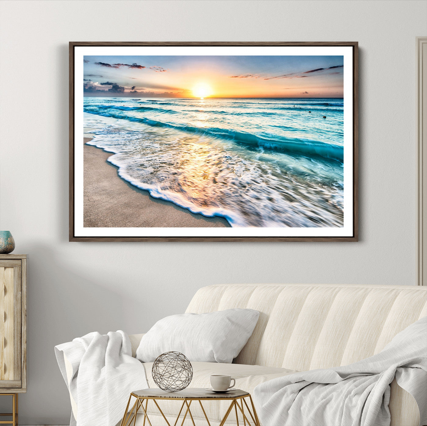 27815-MGC-FP-36x24_Walnut-Sunset Beach Waves Canvas Wall Art – 5-Panel Ocean Sunset Print – Coastal Decor for Living Room or Bedroom – Ready to Hang