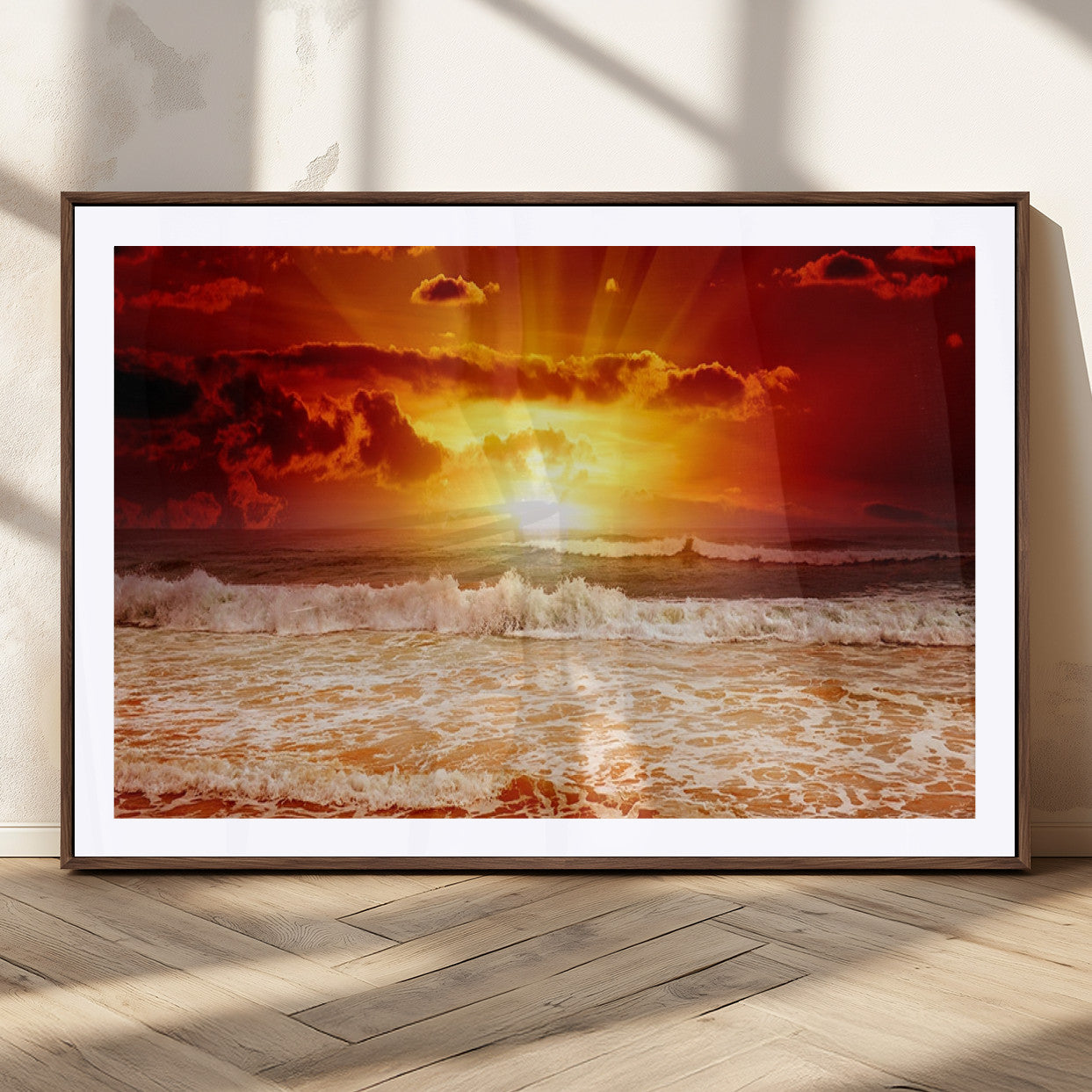 MGC-FP-36x24 - Red Sunset Ocean Beach Canvas Wall Art Beach Canvas, Coastal Sunset Print