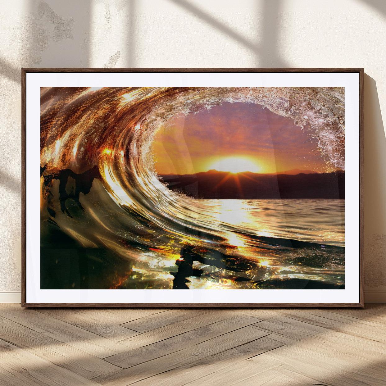 MGC-FP-36x24 - Golden Wave Sunset Triptych Canvas Art, Giclee Canvas Print of Ocean Wave and Sunset, Framed Ocean