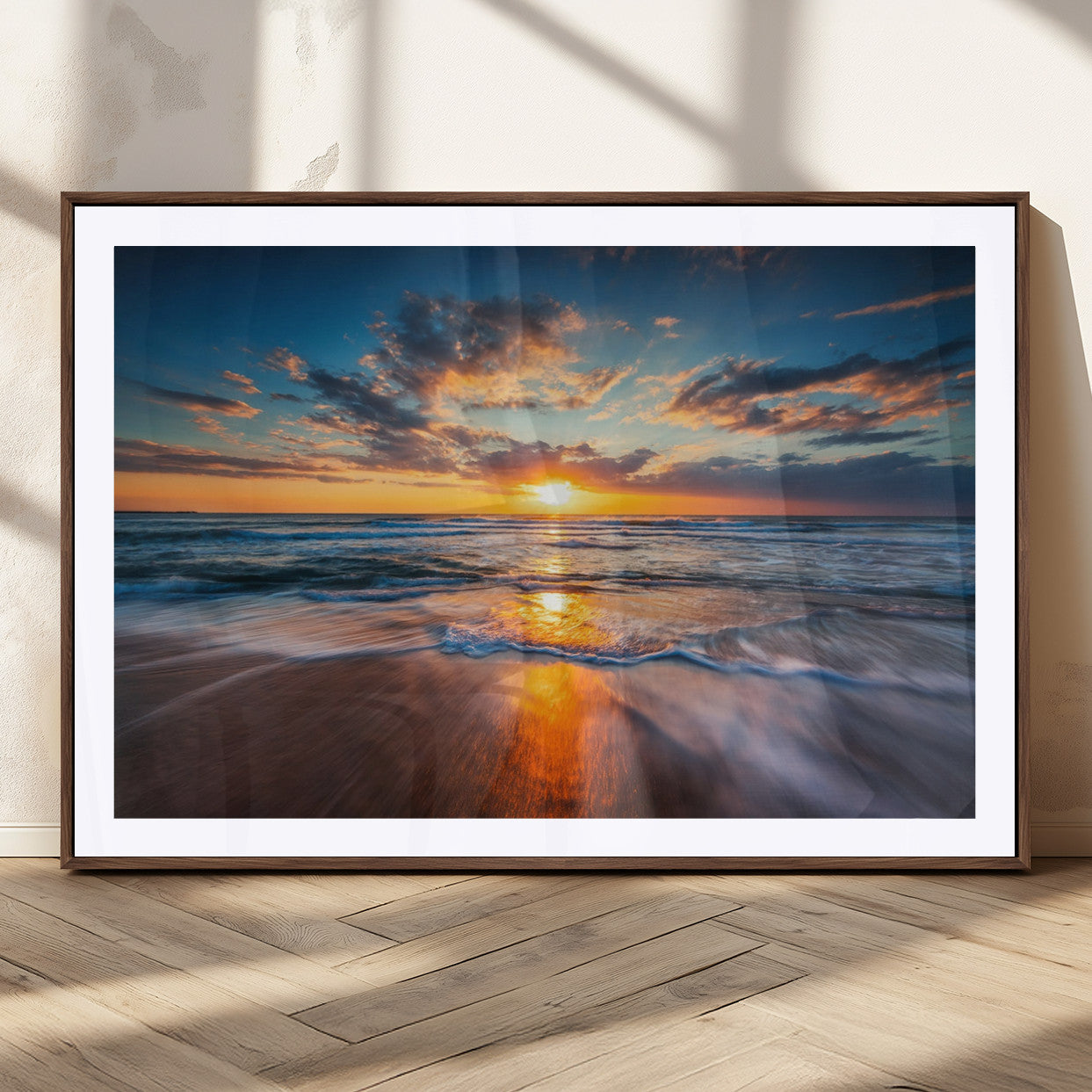 MGC-FP-36x24 - Sunset on the Ocean Beach with Waves, Reflections on Sand, Coastal Wall Art Print, Beach Wall Art,