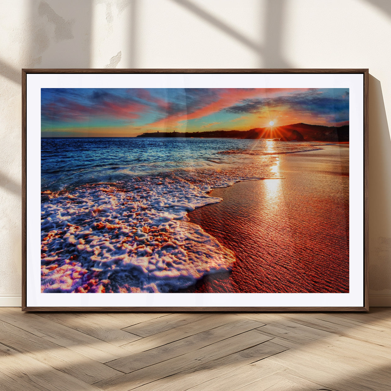 MGC-FP-36x24 - Colorful Coastal Sunset on the Beach Canvas Print, Ocean Waves Crashing at Dusk, Multi-Panel