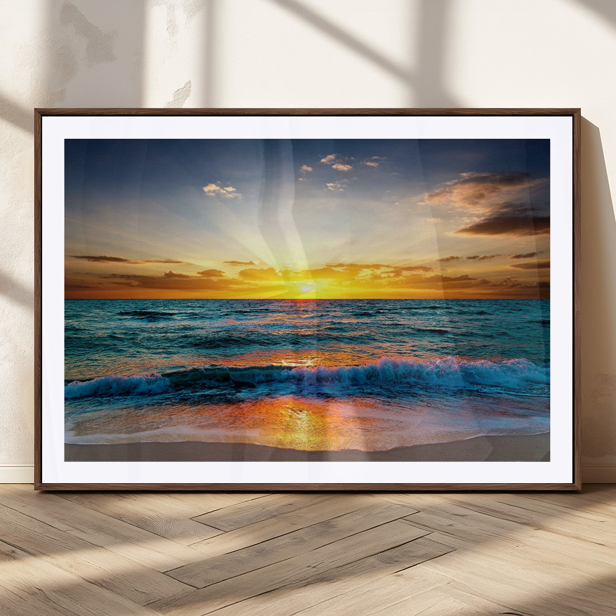 50627-MGC-FP-36x24_Walnut-Vibrant Ocean Sunrise Over Golden Beach Waves, Giclee Canvas Wall Art Set, High-Quality Stretched
