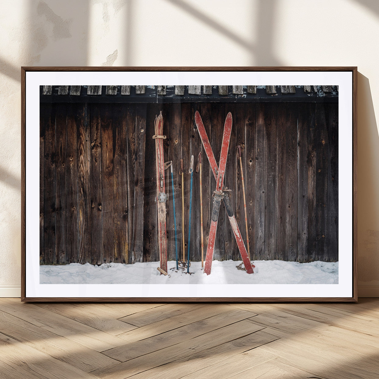 MGC-FP-36x24 - Vintage Ski Gear Canvas Print, Vintage Ski Gear Against Wooden Cabin Wall, Rustic Winter Sports