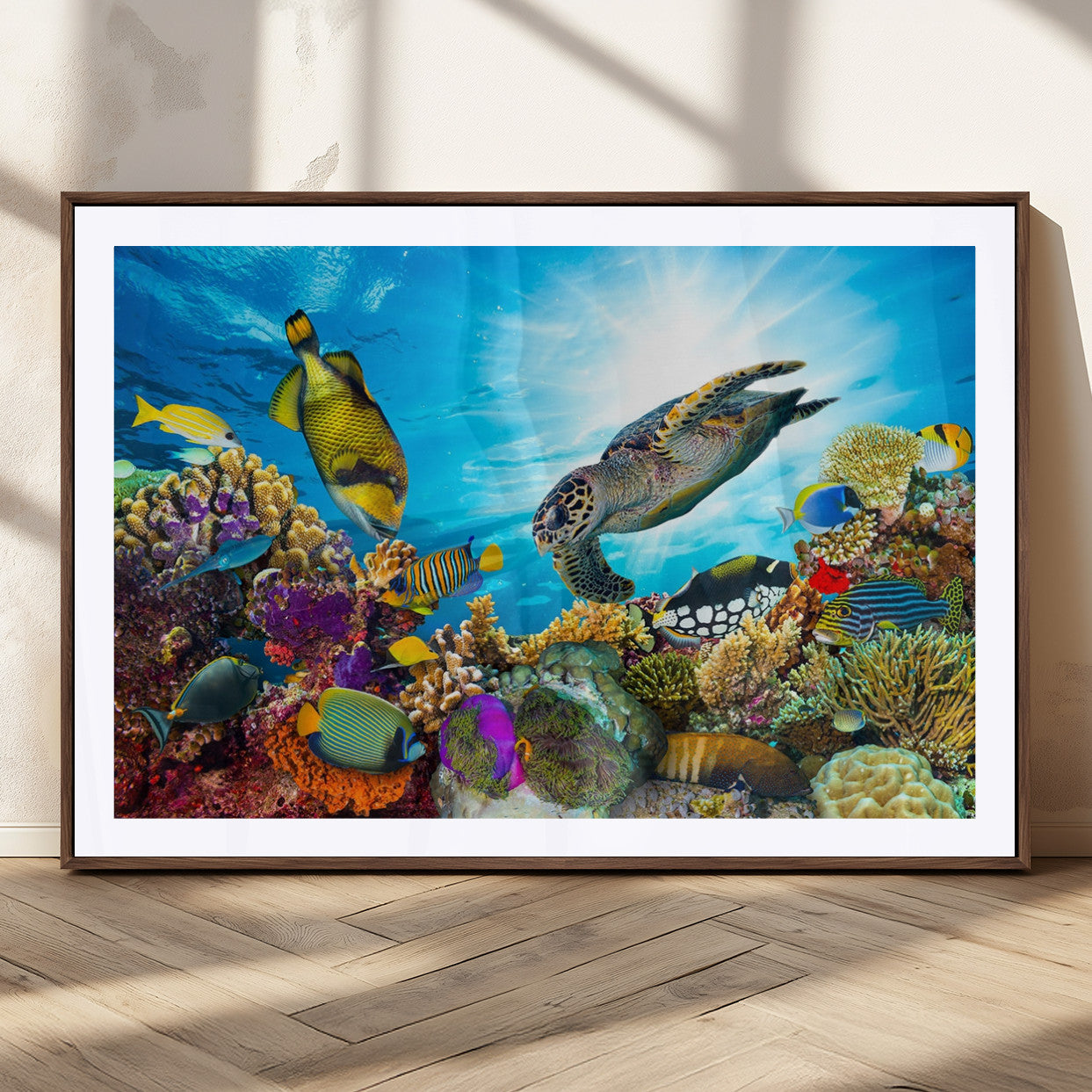 MGC-FP-36x24 - Sea Turtle Coral Reef Wall Art Print – Colorful Underwater Canvas Print – Tropical Ocean Marine Life Artwork – Perfect for Coastal Home Decor