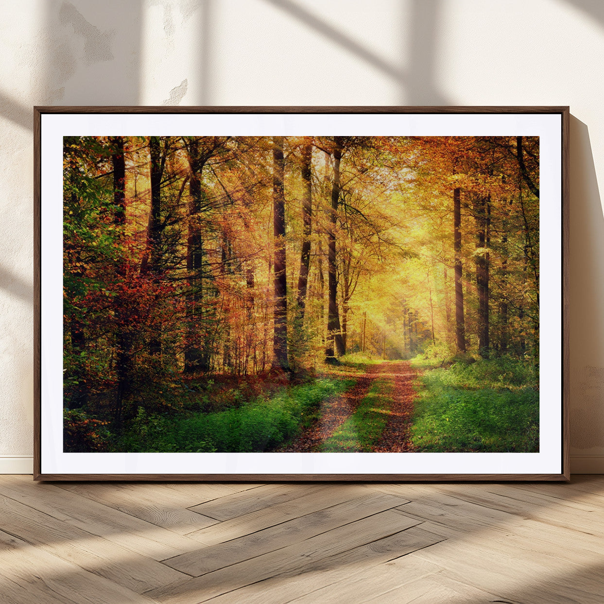 MGC-FP-36x24 - Forest Fall Wall Art Print - Sunlight Through Trees Wall Art Canvas Print