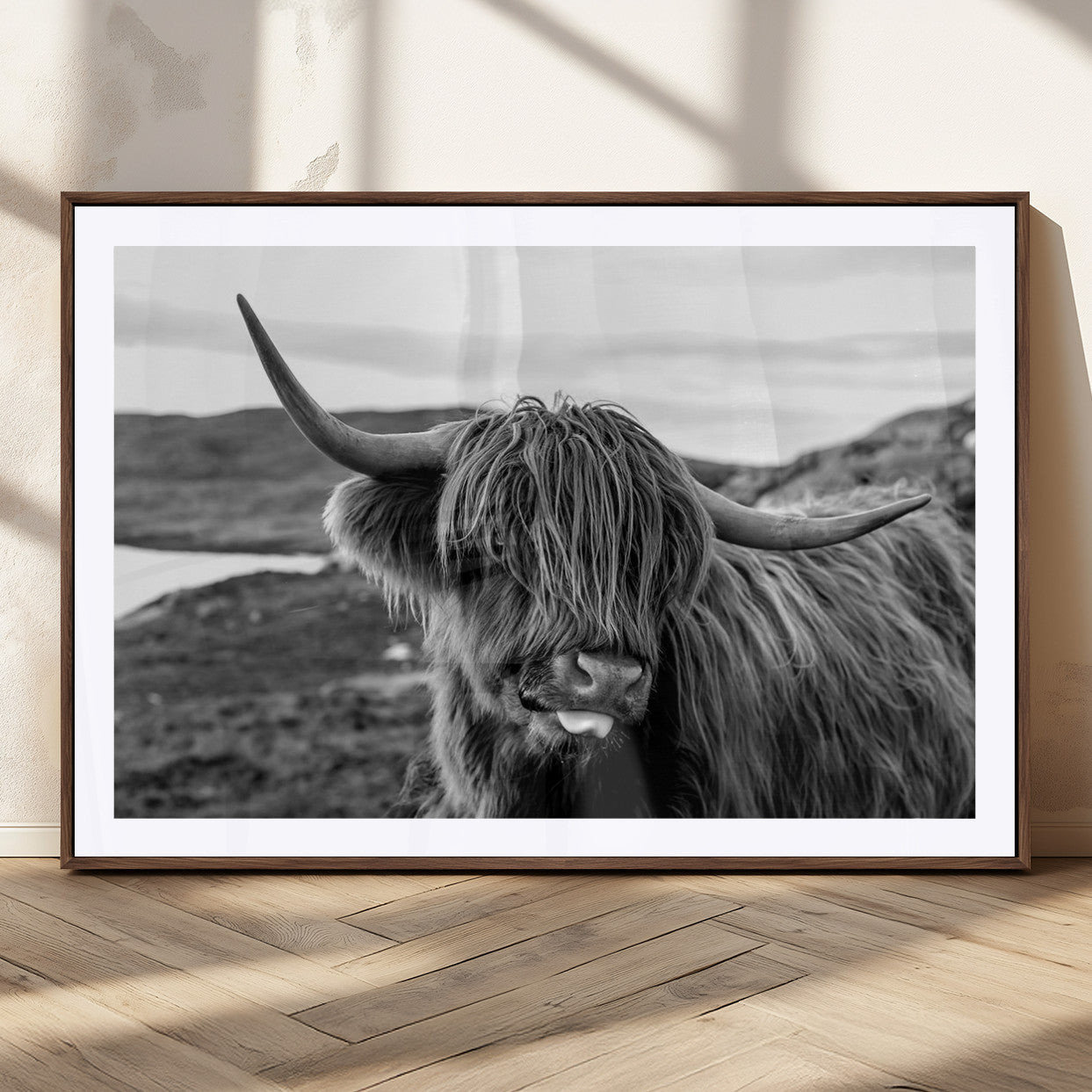 MGC-FP-36x24 - Longhorn Steer Canvas Print Wall Art, Highland Cow Canvas Wall Art – Black and White Animal Portrait