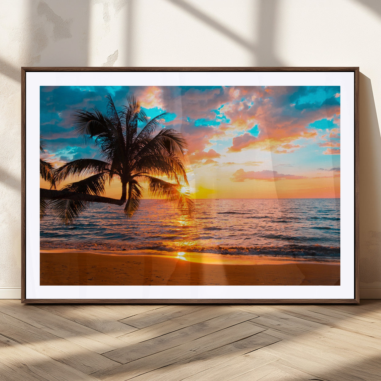 34674-MGC-FP-36x24_Walnut-Palm Tree Sunset On The Beach Wall Art Canvas, Framed Palm Tree Sunset Canvas Print
