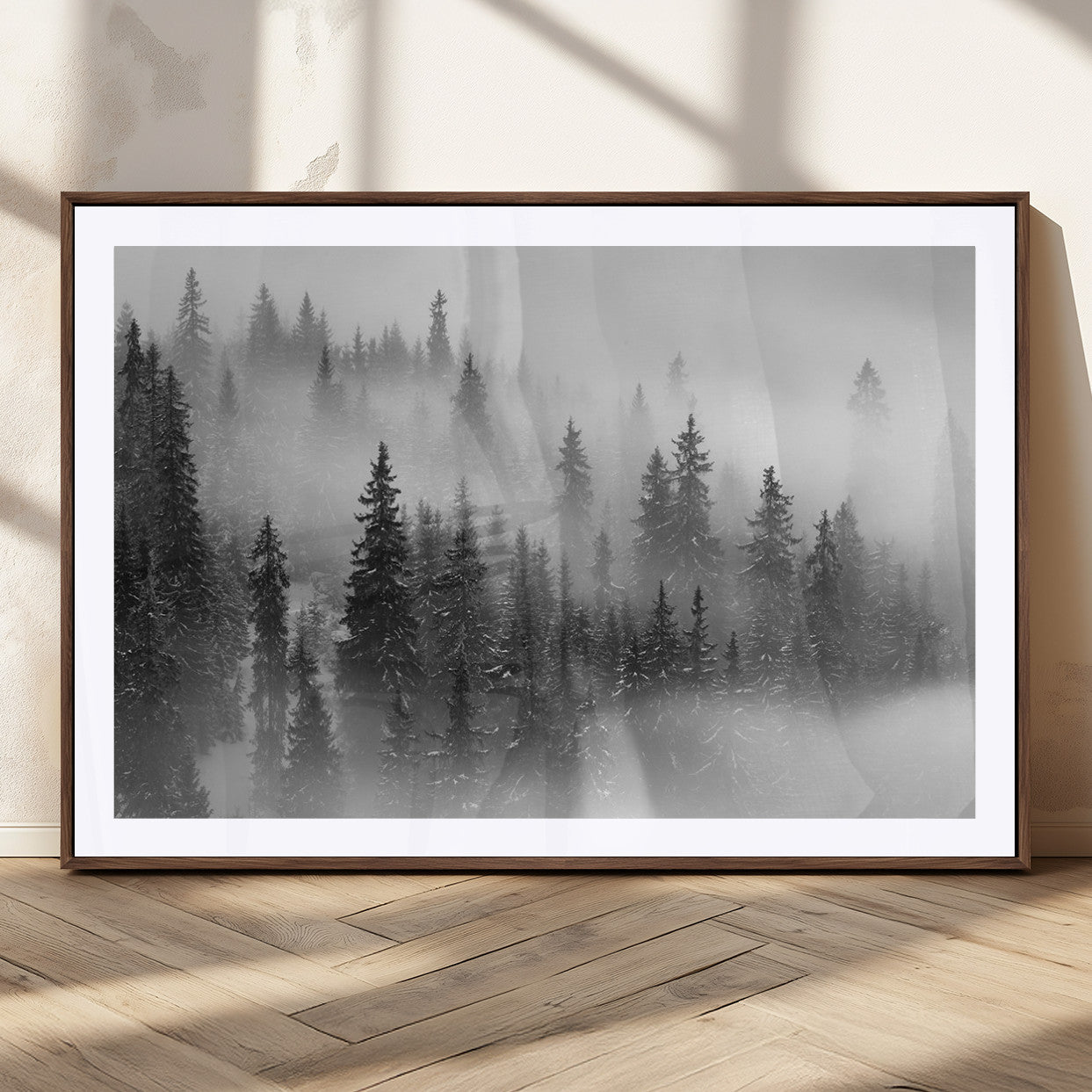 MGC-FP-36x24 - Black and White Forest Wall Art Print – Misty Pine Tree Canvas Print – Winter Woodland Nature Artwork – Perfect for Minimalist Home Decor