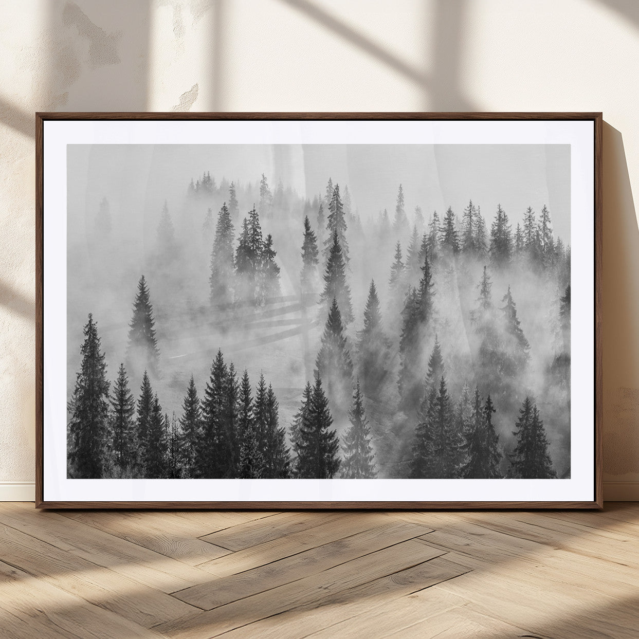 MGC-FP-36x24 - Forest Wall Art Print | Foggy Pine Forest Canvas Wall Art - Black and White Nature-Inspired Decor for Living Room, Modern Forest Landscape Print, Ready to Hang