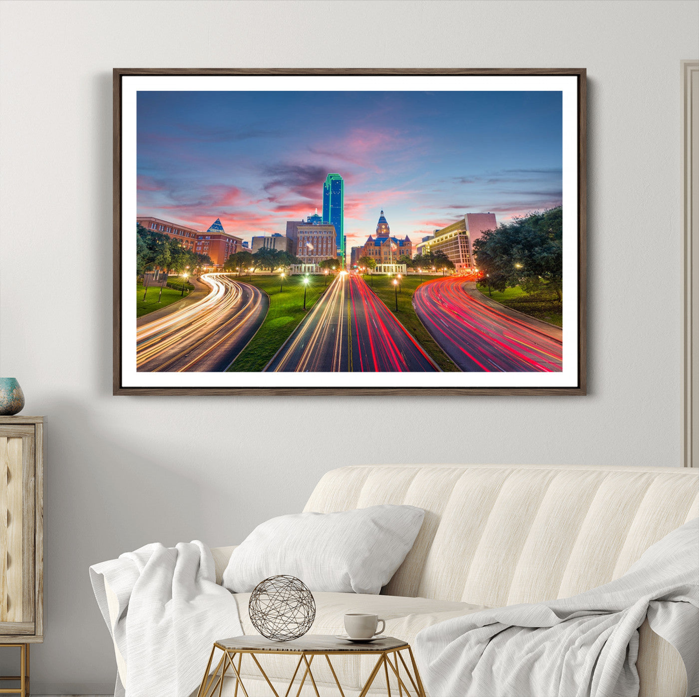 33960-MGC-FP-36x24_Walnut-Dallas City Lights Large Wall Art Dallas Cityscape Canvas Print Framed Living Room Decor