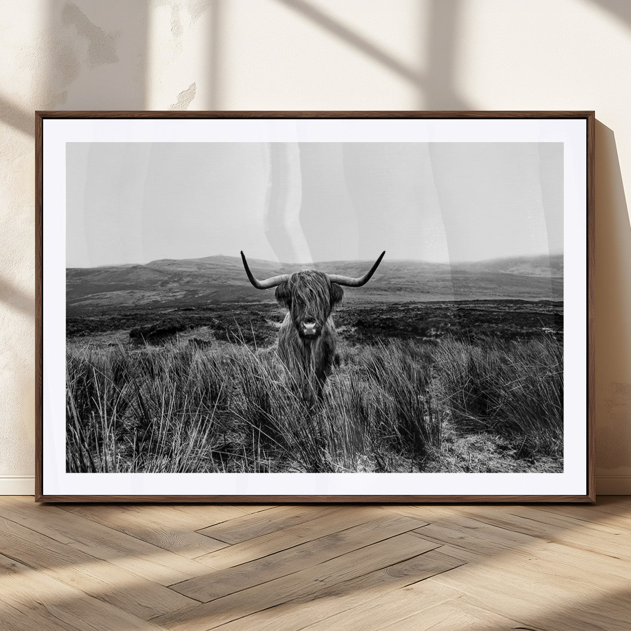 MGC-FP-36x24 - Black and White Highland Cow Canvas Wall Art, Longhorn Triptych Western Wall Decor for Cabin -