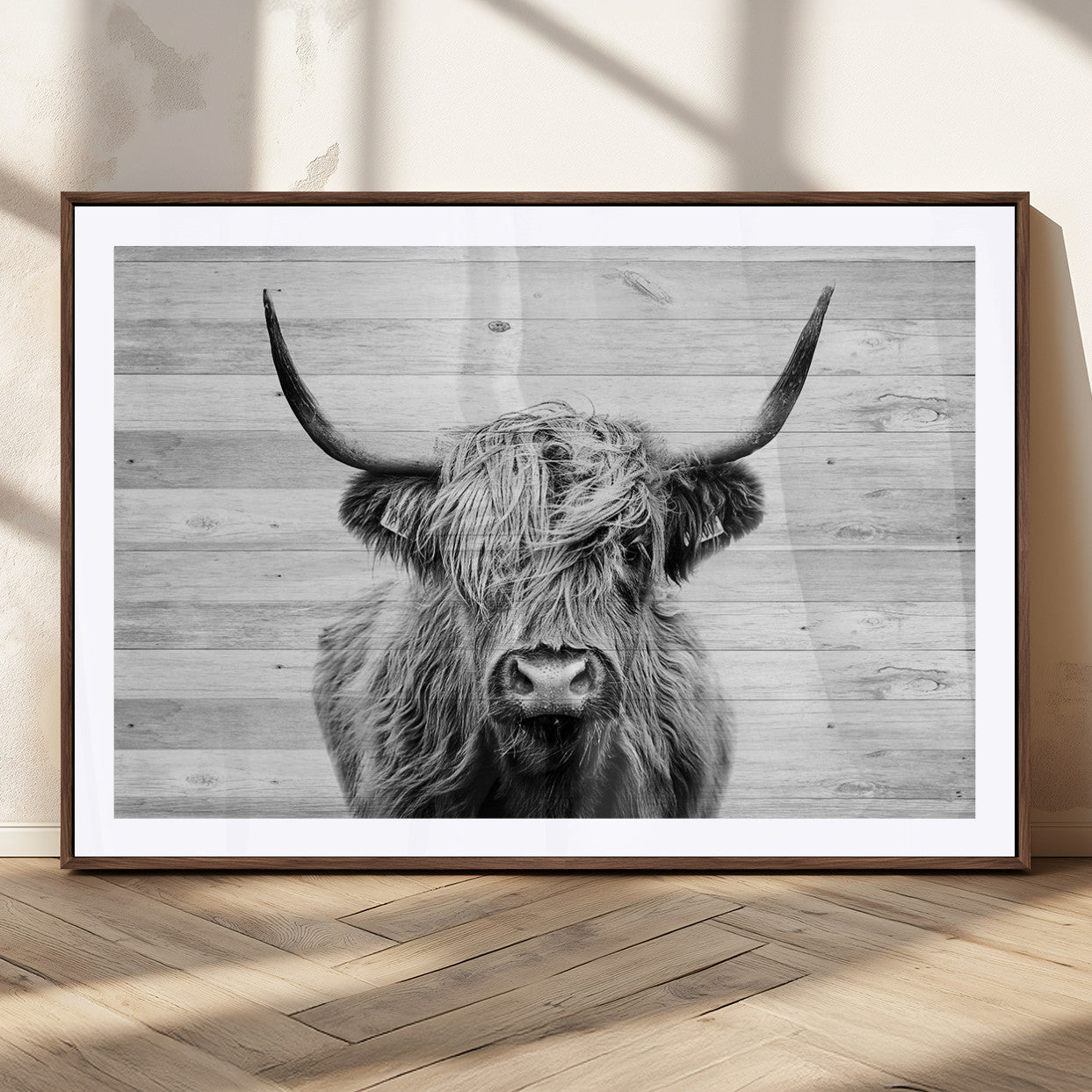 MGC-FP-36x24 - Scottish Highland Cow Cattle Art Print on Wood Background Style, Scottish Highland Cow Wall Art