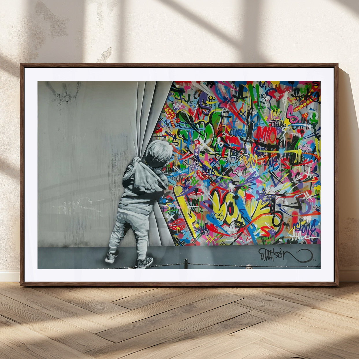 MGC-FP-36x24 - Banksy Colorful Street Graffiti Canvas Wall Art Print, Modern Art Triptych, Child and Graffiti Wall,