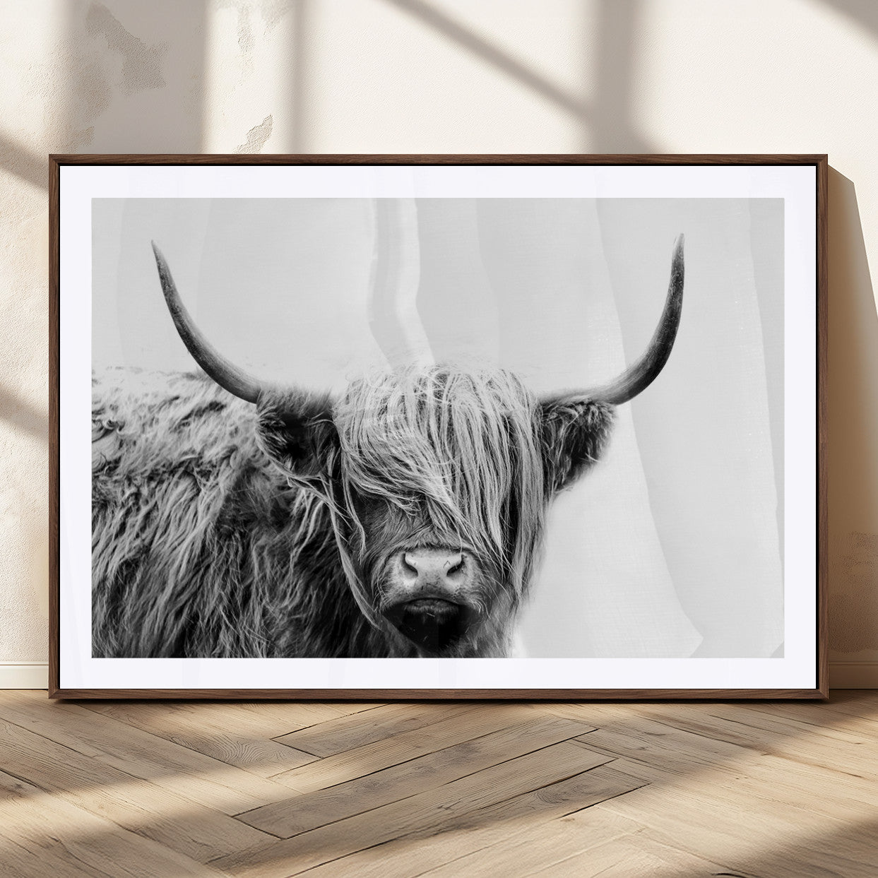 MGC-FP-36x24 - Black White Scottish Highland Cow Cattle Art Print Farmhouse Wall Art Canvas Print
