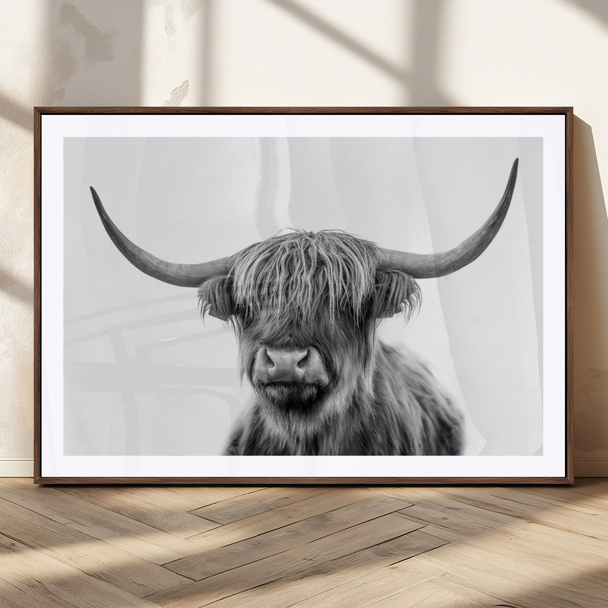 MGC-FP-36x24 - Grayscale Scottish Highland Cow Cattle Art Print Farmhouse Wall Art Canvas Print