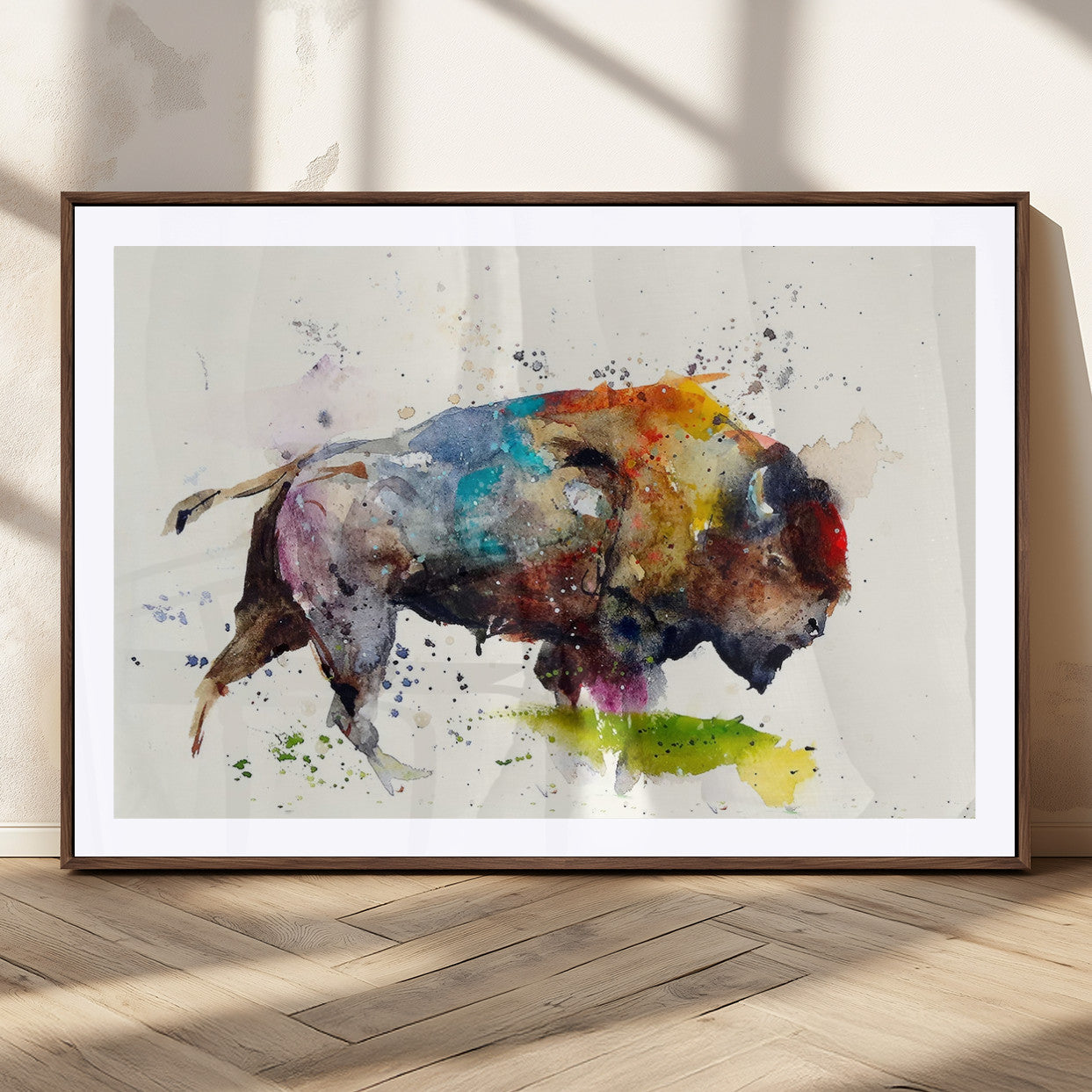 MGC-FP-36x24 - Abstract Buffalo Wall Art, Western Watercolor Bison Canvas Print, Rustic Buffalo Art for Cowboy and